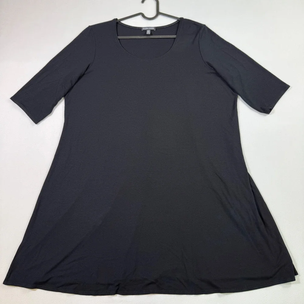Eileen Fisher Swing Tunic Dress Top Womens XL Black Viscose Stretch Scoop Neck